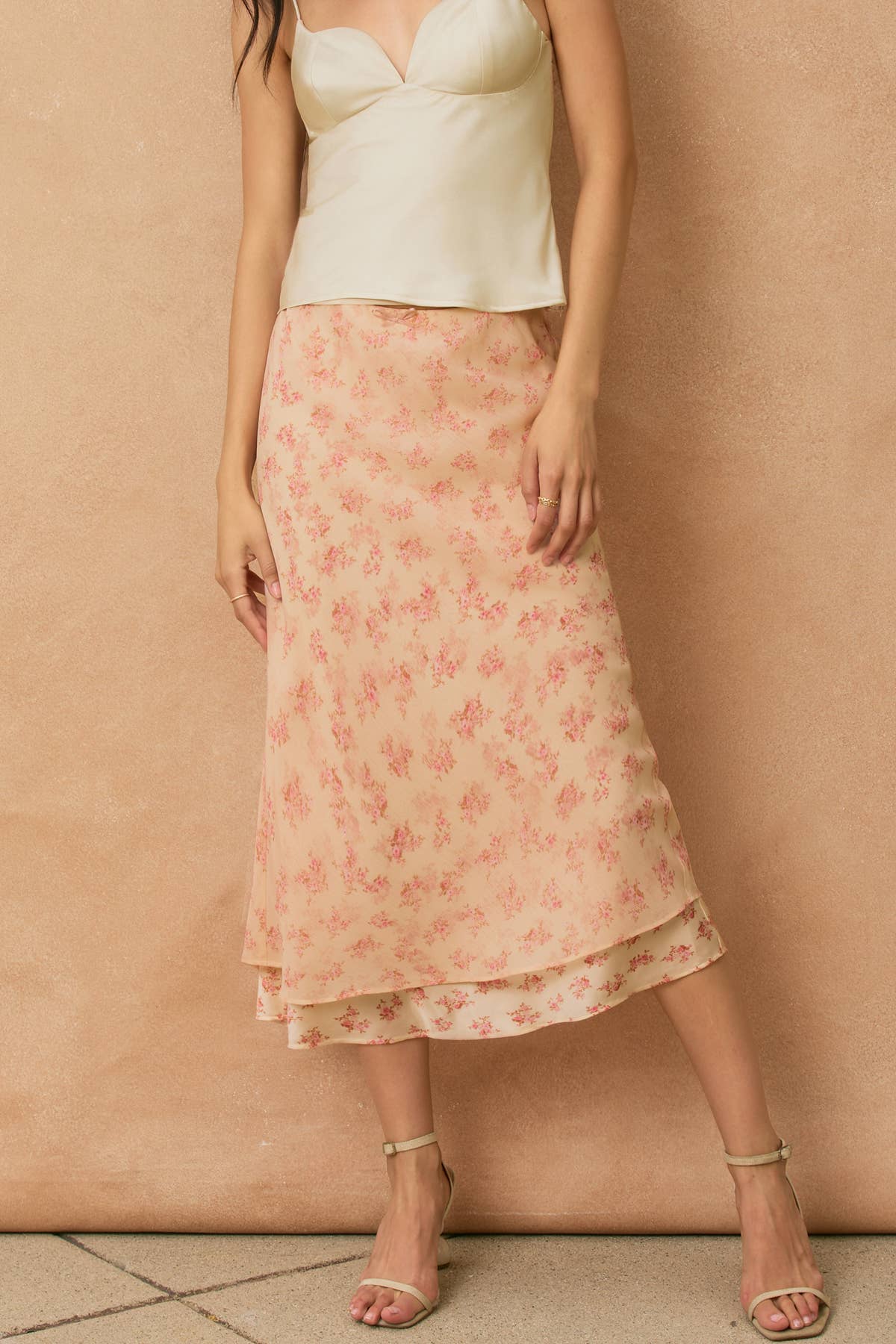 Rosewater Reverie Layered Print Midi Skirt