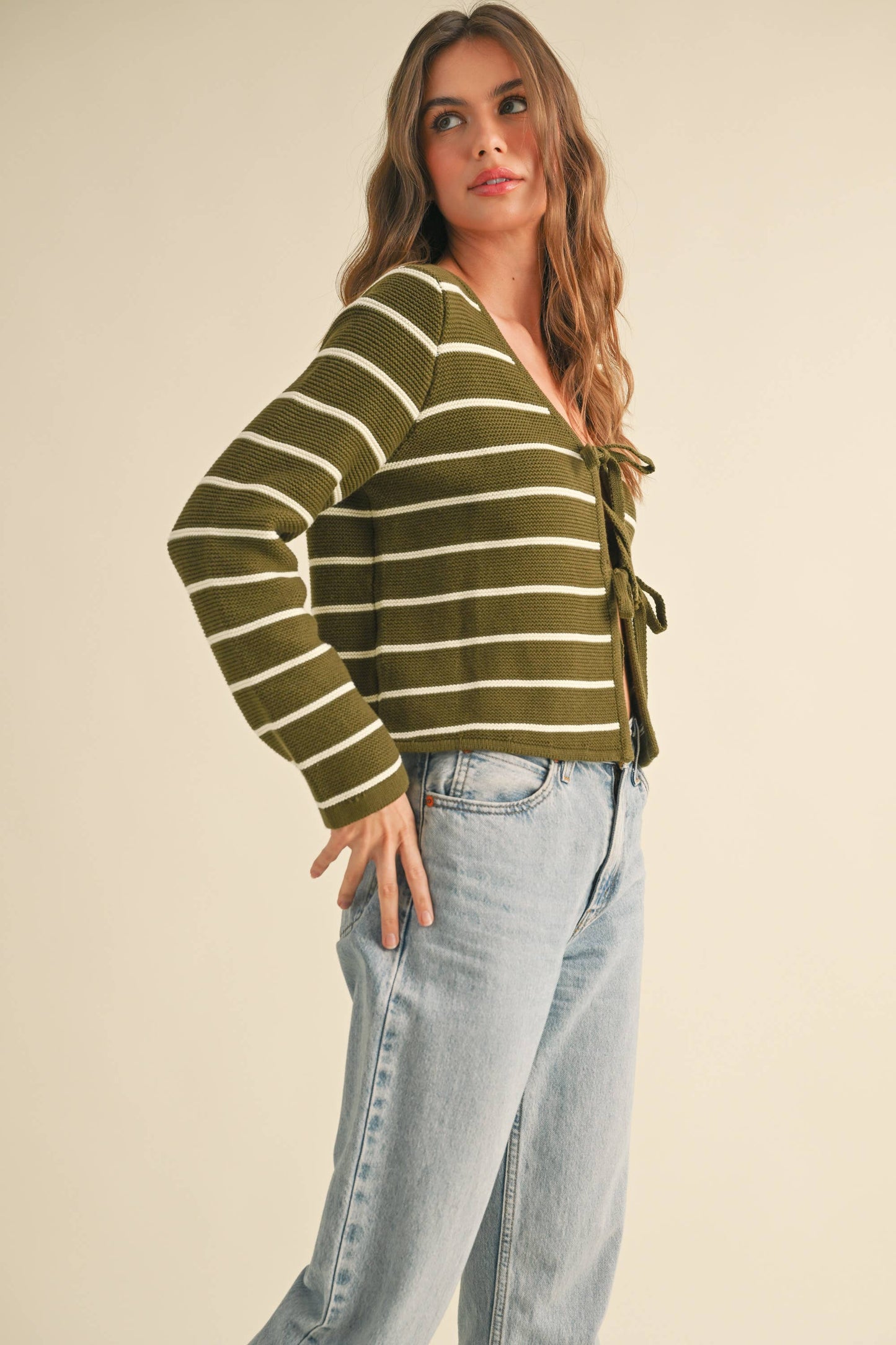 Lilah Olive Striped Tie Front Cardigan