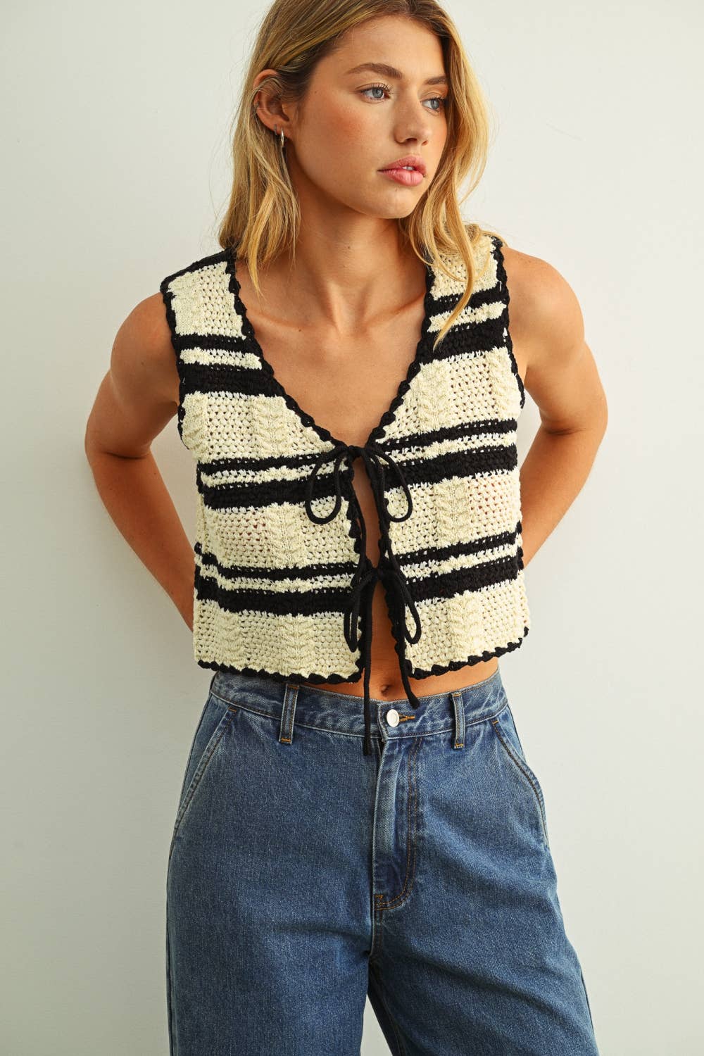 Hazel Crochet Tie-Front Top in Beige & Black