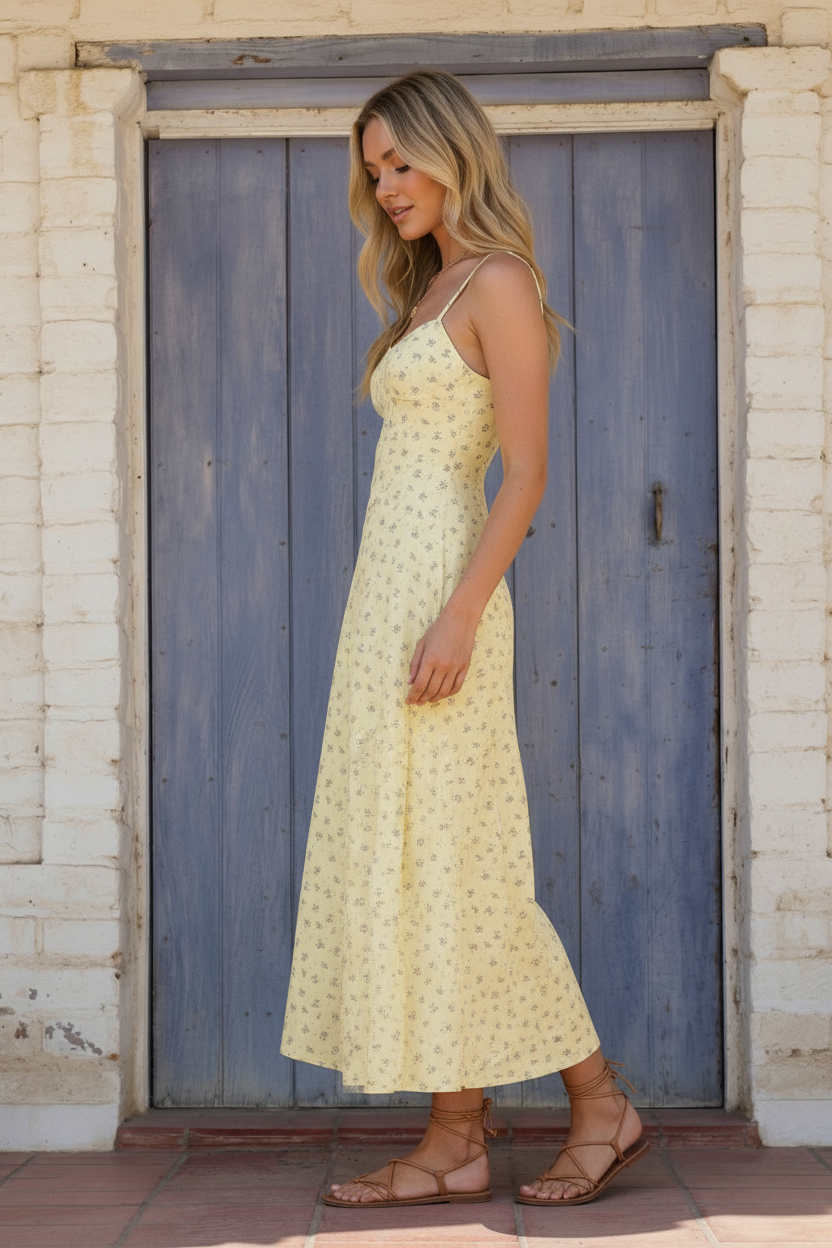 Vivienne Floral Panel Midi Dress in Butter