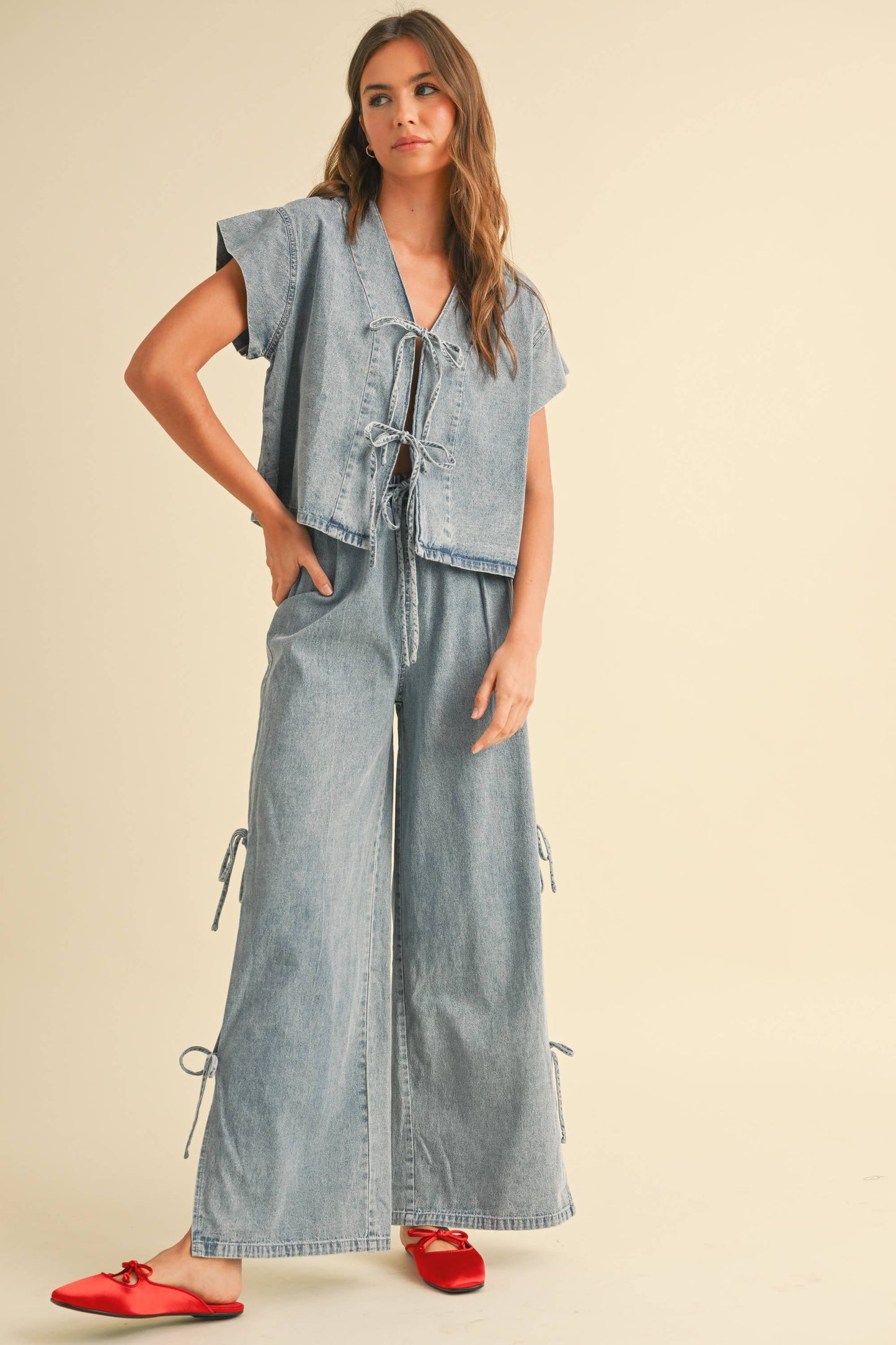 PRE-ORDER Quinn Denim Tie Front Top
