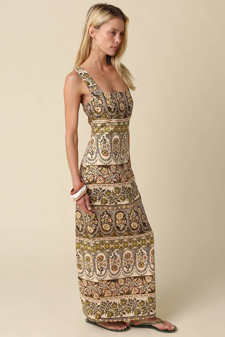 Siena Printed Maxi Dress in Natural Olive