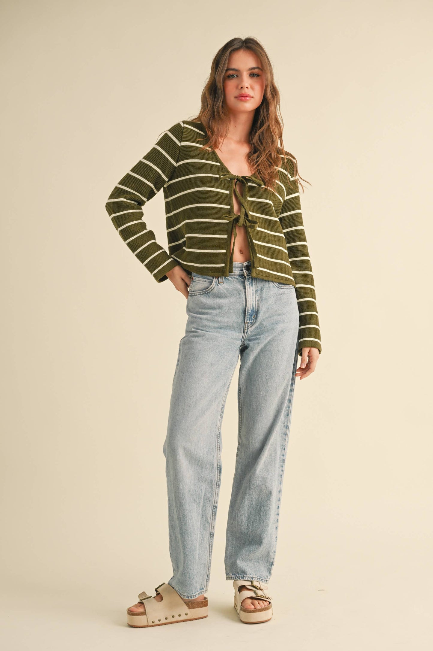Lilah Olive Striped Tie Front Cardigan