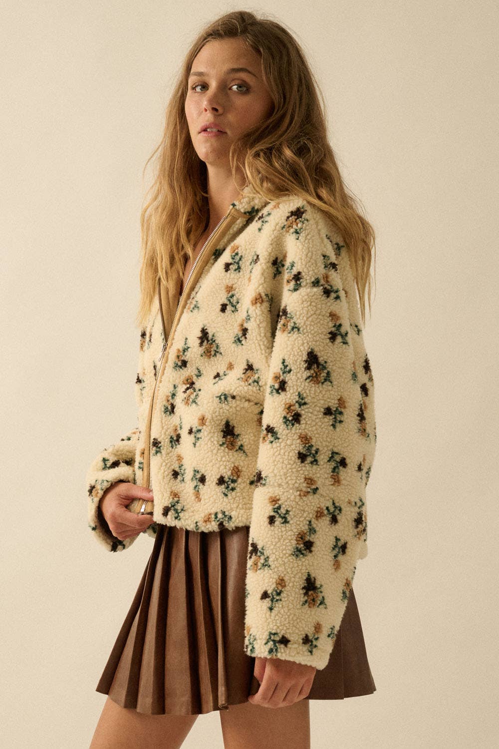 Floral Sherpa Fleece Hooded Jacket