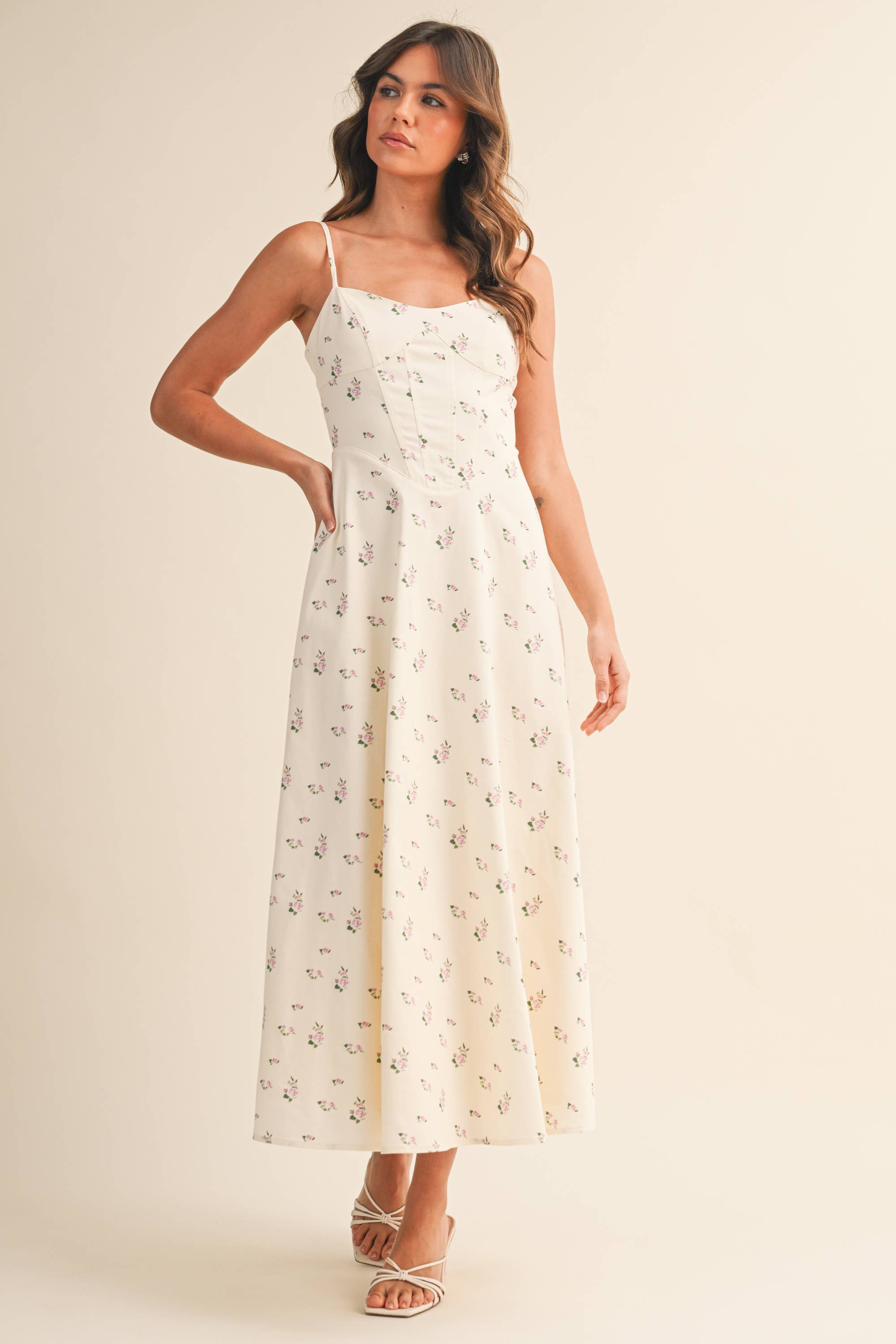 Vivienne Floral Panel Midi Dress in Cream