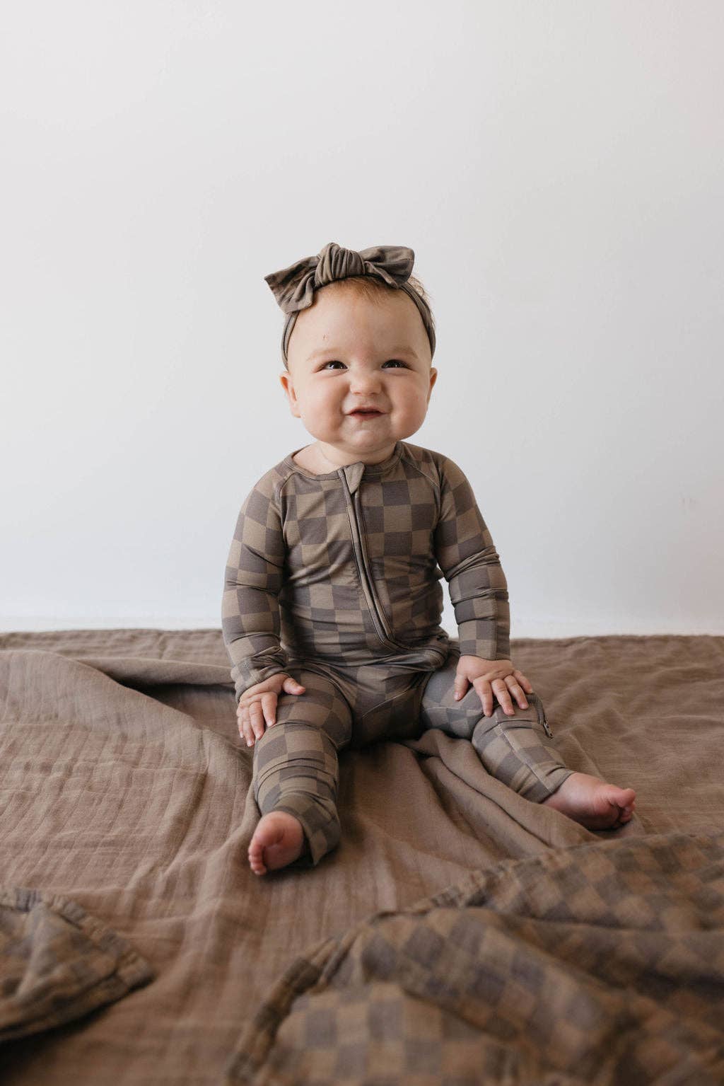 Brown Checkerboard Zip Pajamas