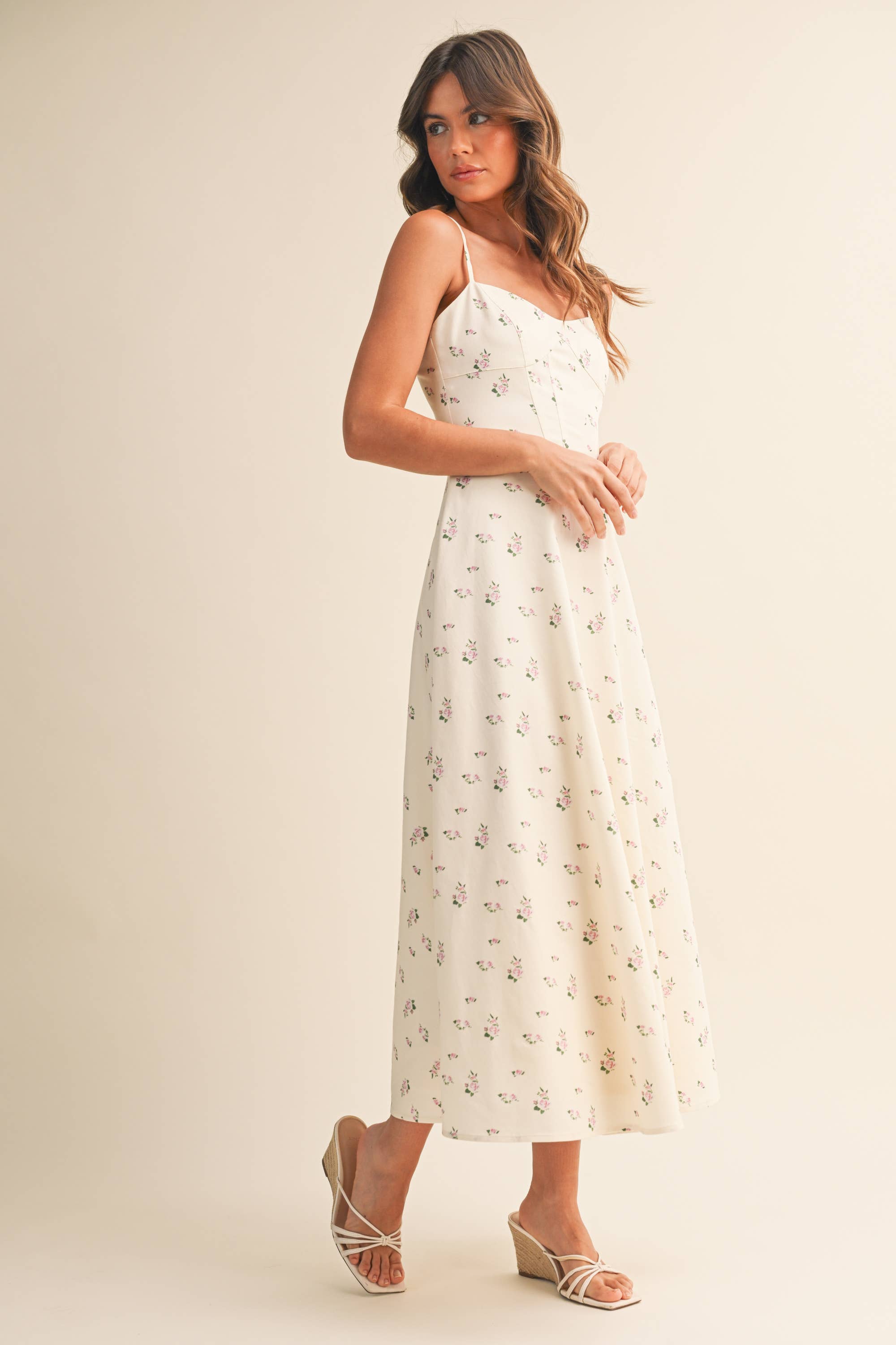 Vivienne Floral Panel Midi Dress in Cream