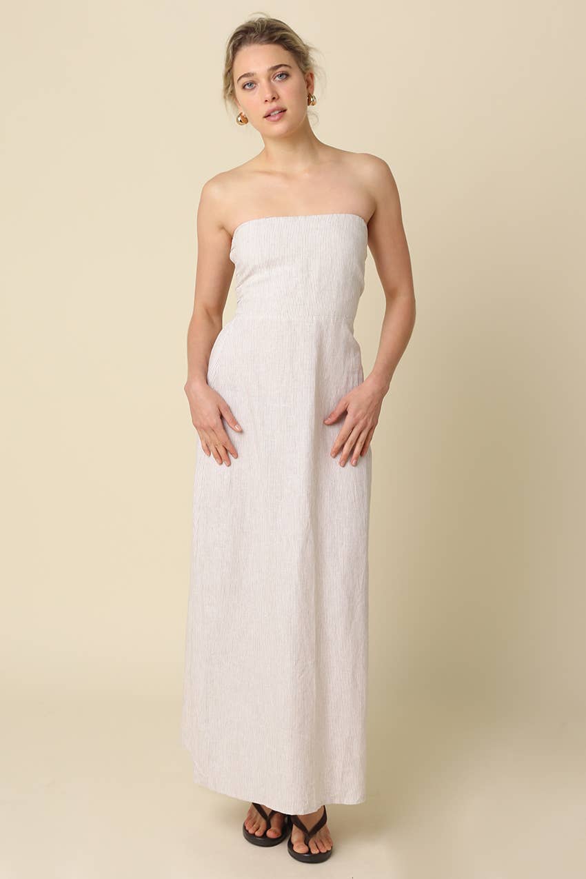 Milard Linen Khaki Striped Dress