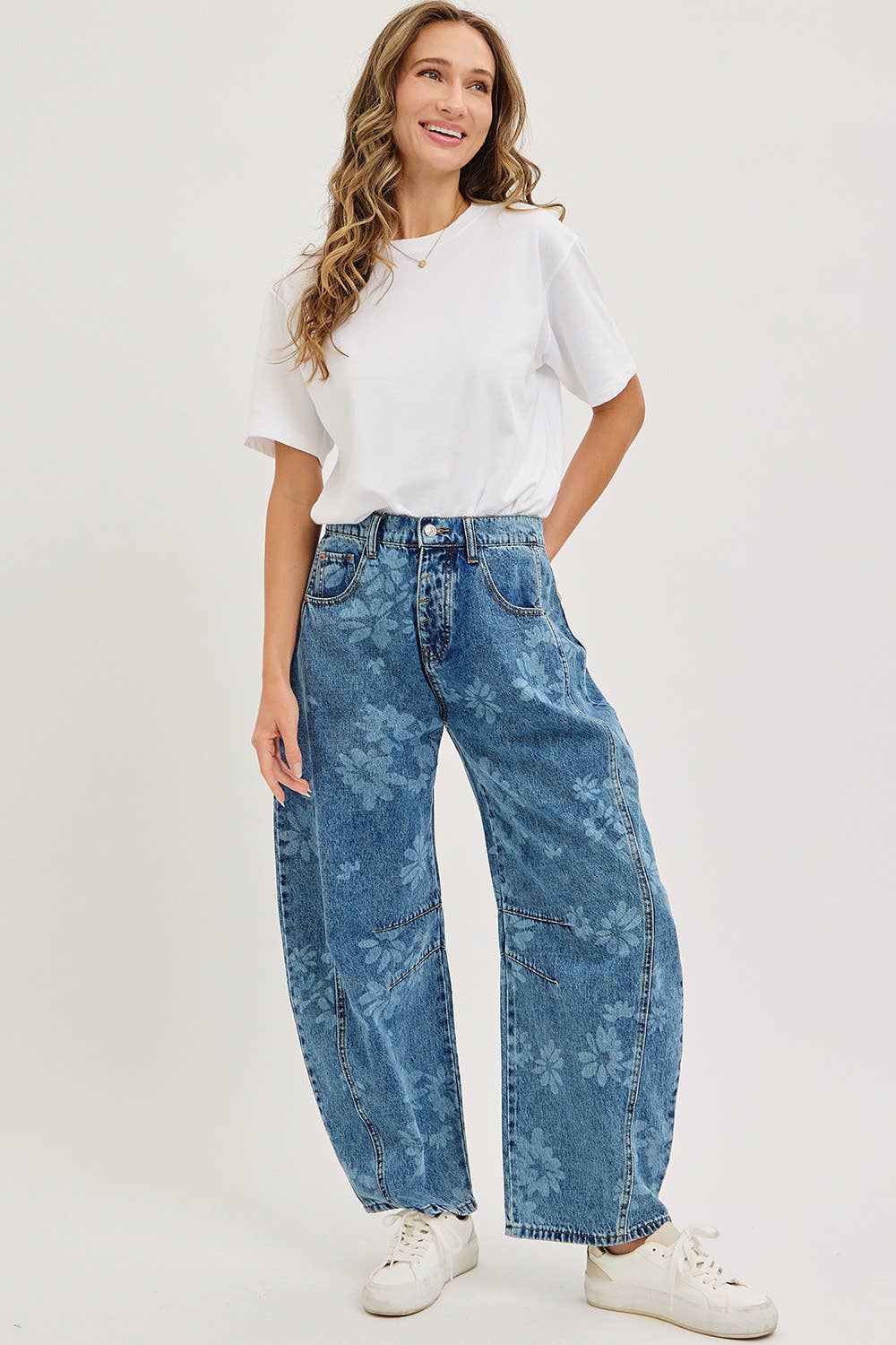 Calla Floral Print Barrel Jeans
