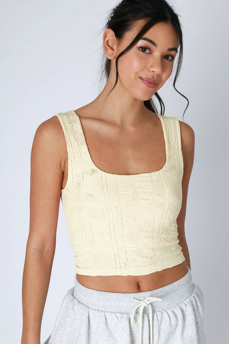 Lace Textured Square Neck Crop Top in Butter Cream