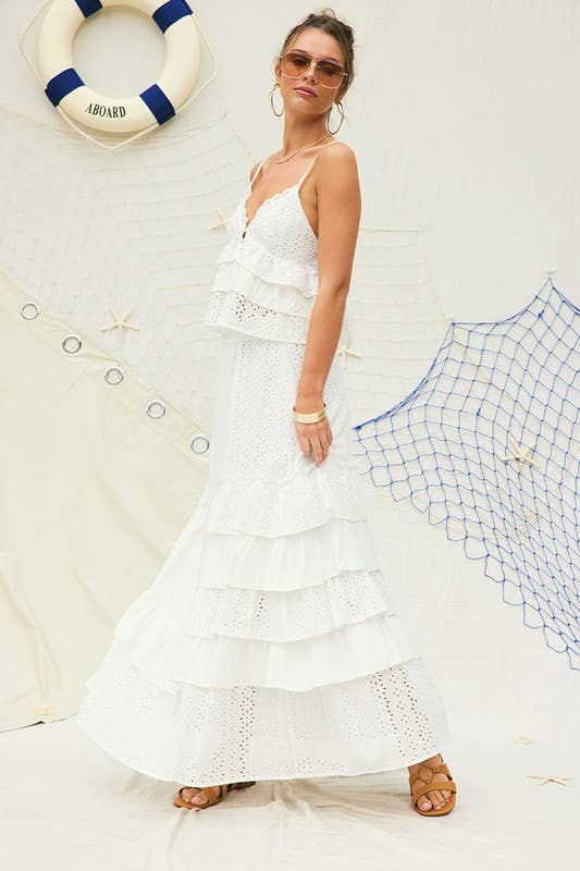 Court Eyelet Ruffle Maxi Skirt