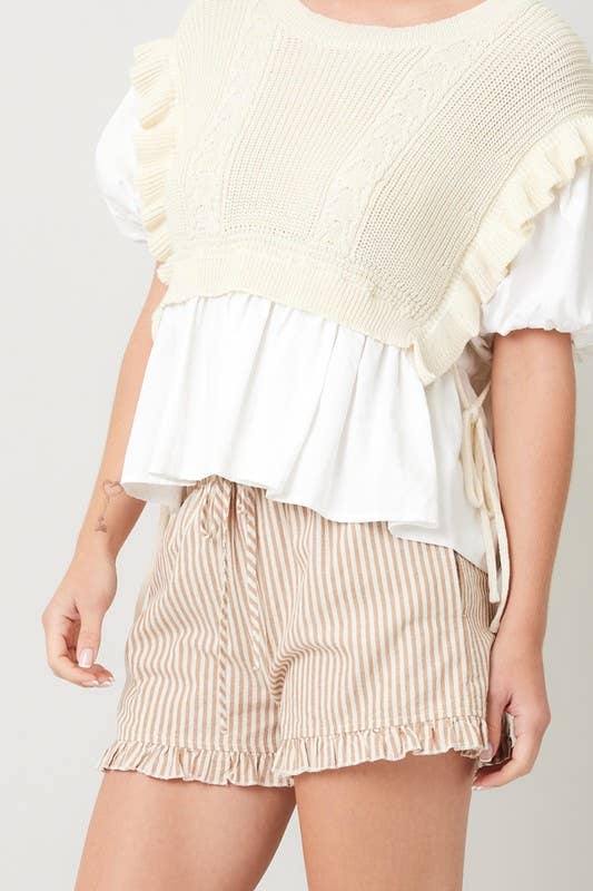 Poppy Striped Ruffle Shorts in Taupe