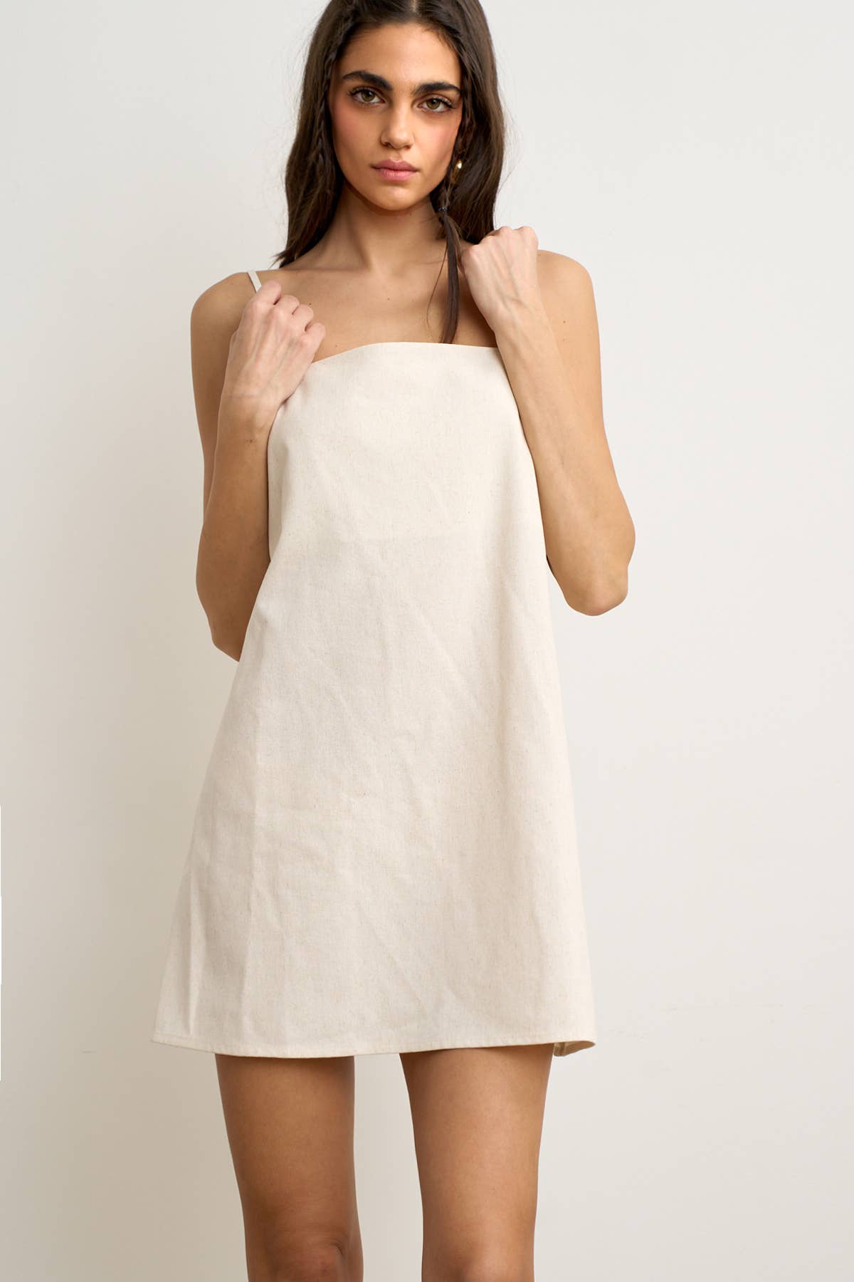 Coastal Linen Tie-Back Mini Dress in Oat