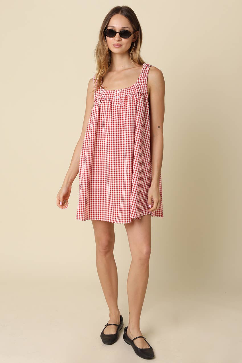 Randy Gingham Mini Dress in Red & Ivory
