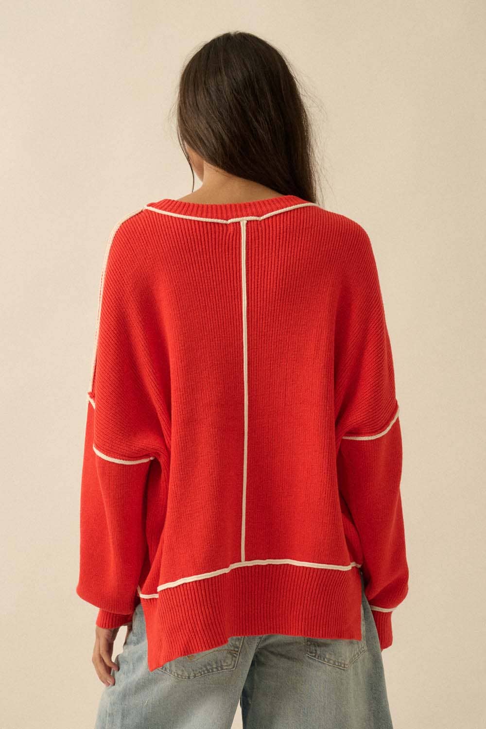 Contrast Stitch Ribbed Knit Sweater