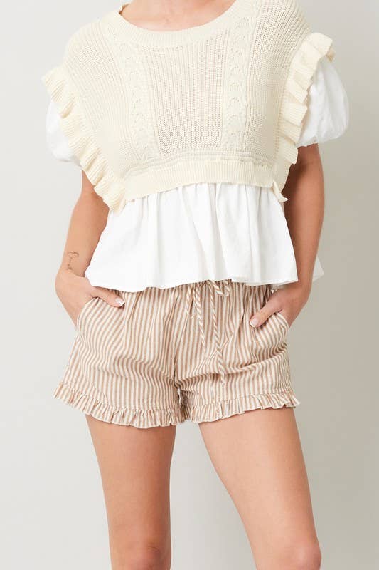 Poppy Striped Ruffle Shorts in Taupe