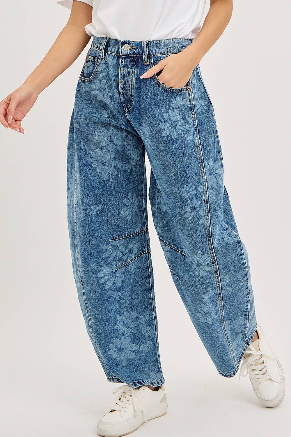 Calla Floral Print Barrel Jeans