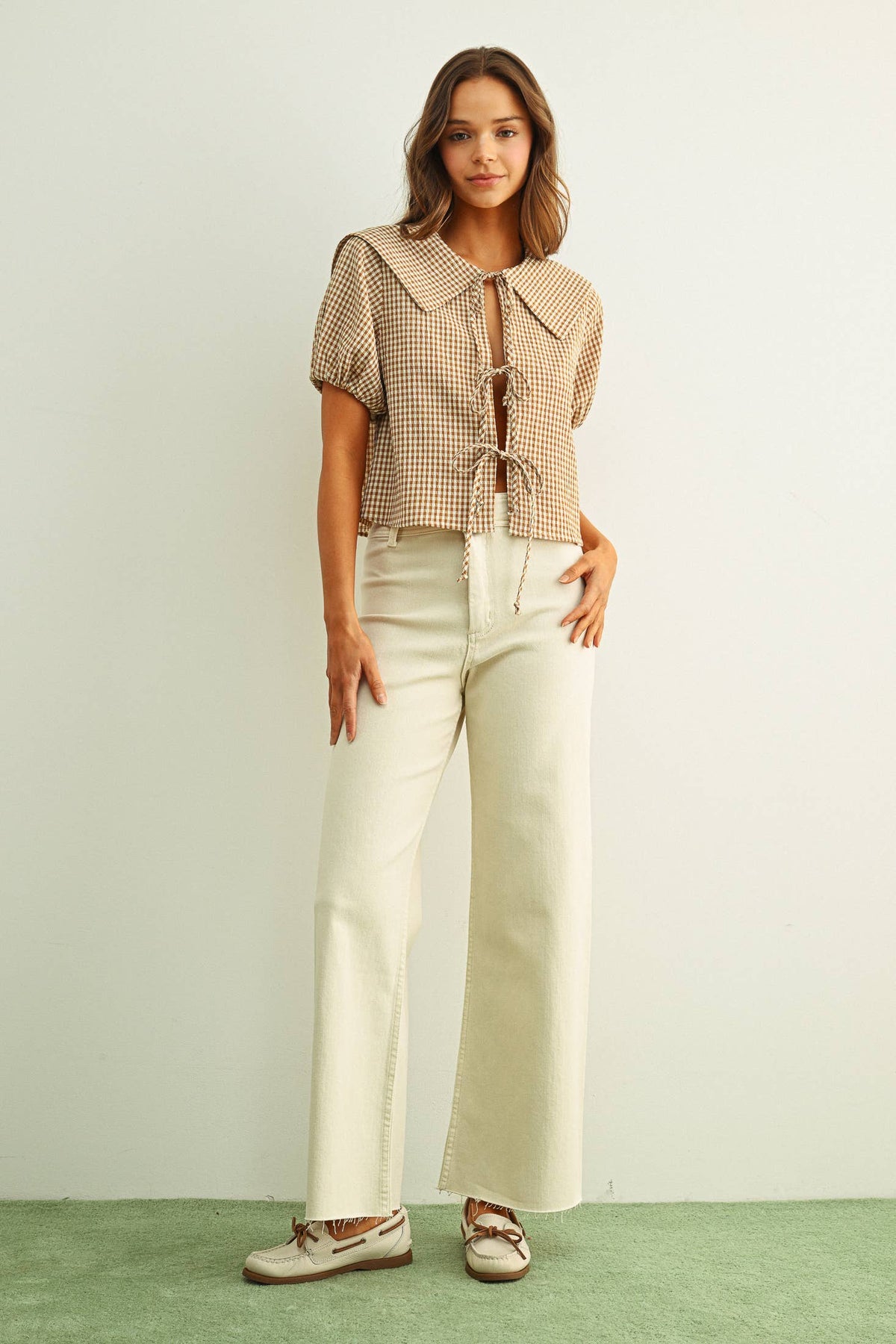 Darcy Gingham Tie-Front Top in Mocha