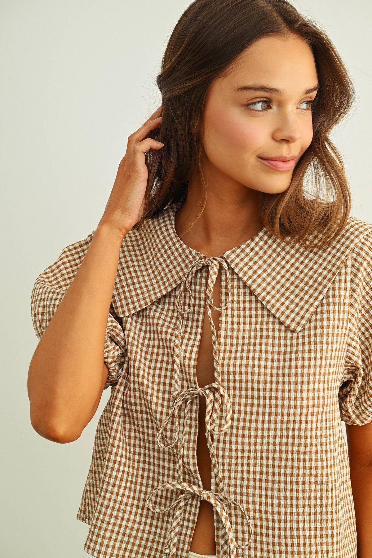 Darcy Gingham Tie-Front Top in Mocha