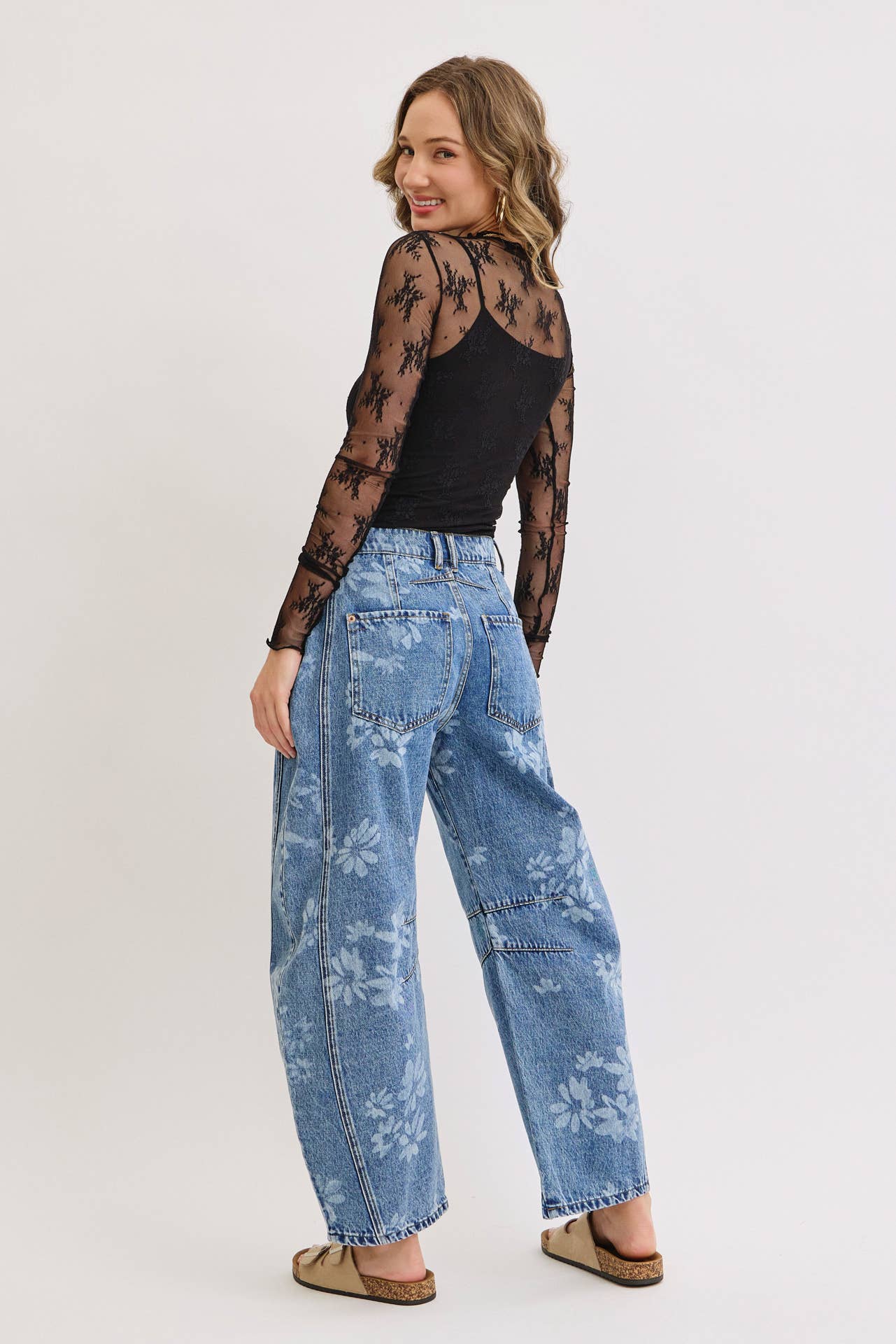 Calla Floral Print Barrel Jeans