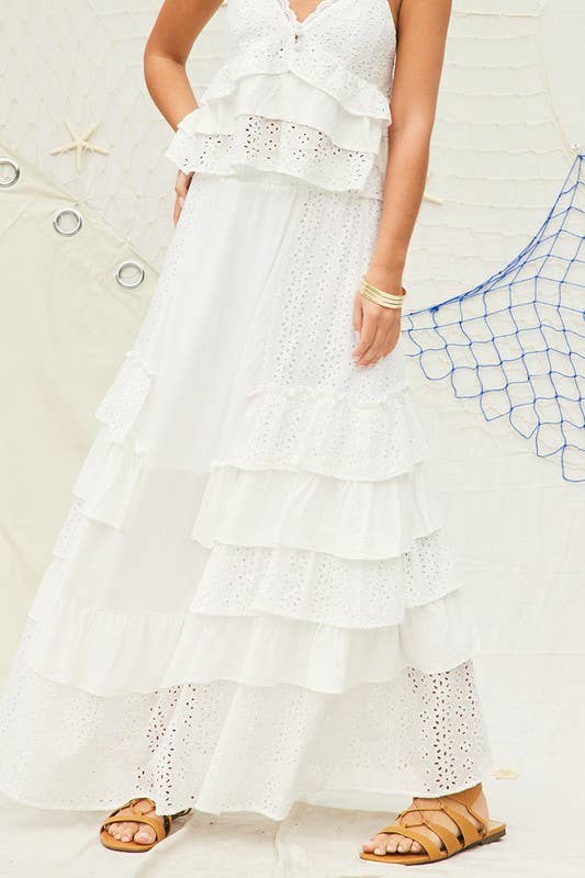 Court Eyelet Ruffle Maxi Skirt