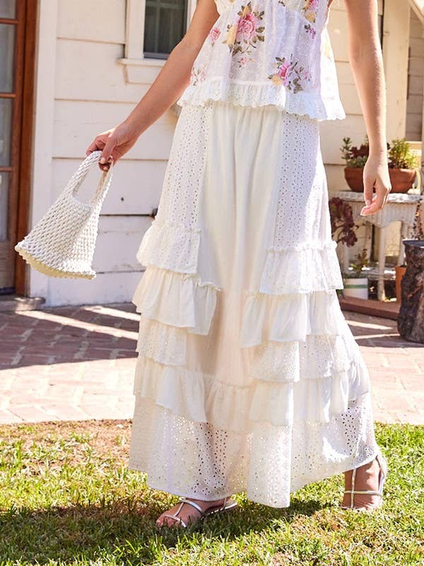 Court Eyelet Ruffle Maxi Skirt