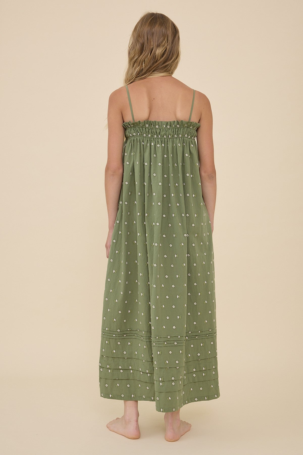 Sage Embroidered Smocked Midi Dress