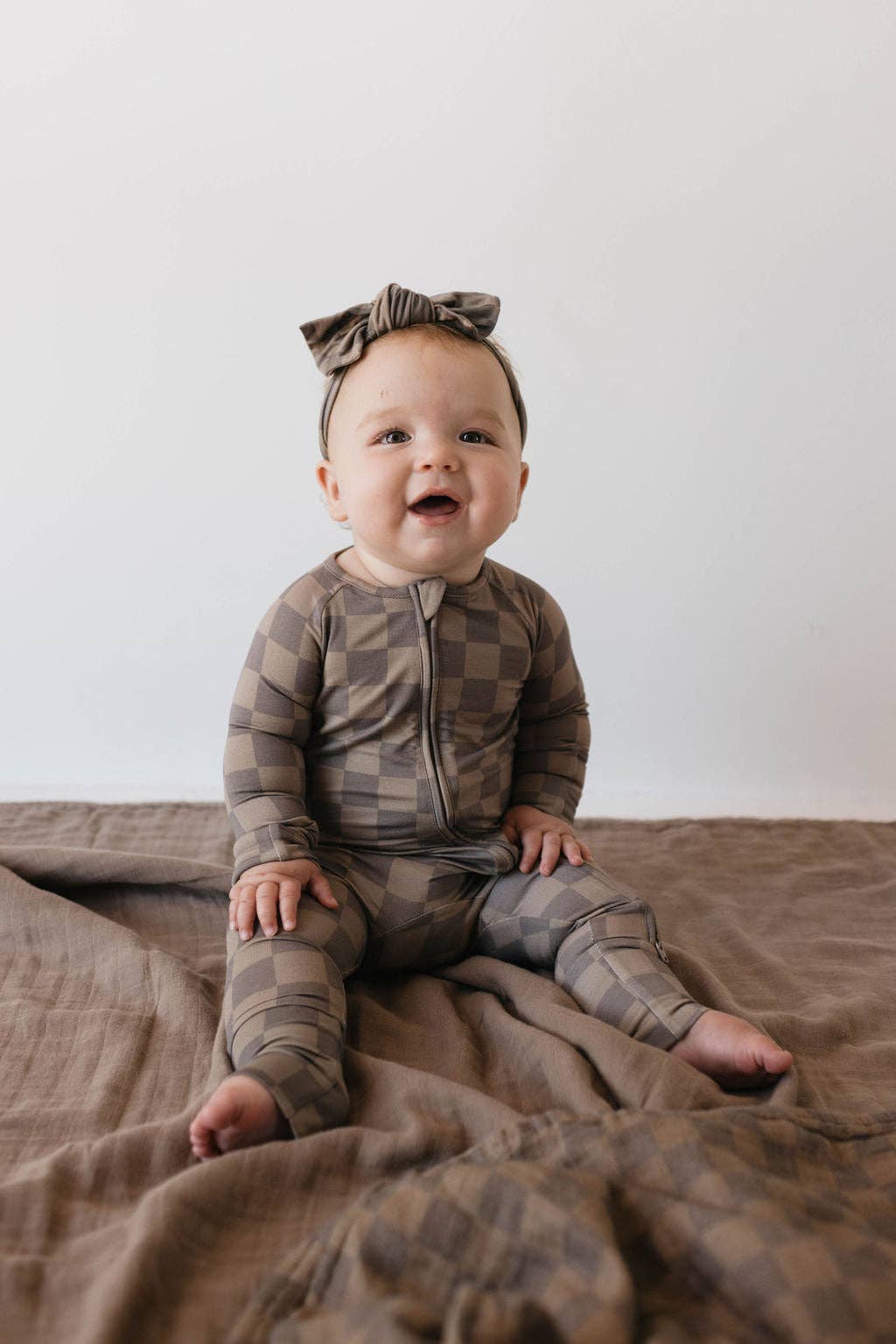 Brown Checkerboard Zip Pajamas