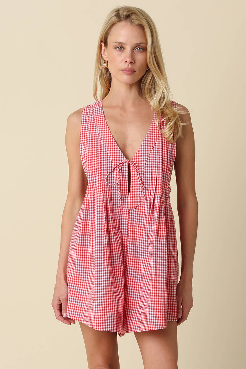 Hailey Gingham Tie-Front Romper in Black & White