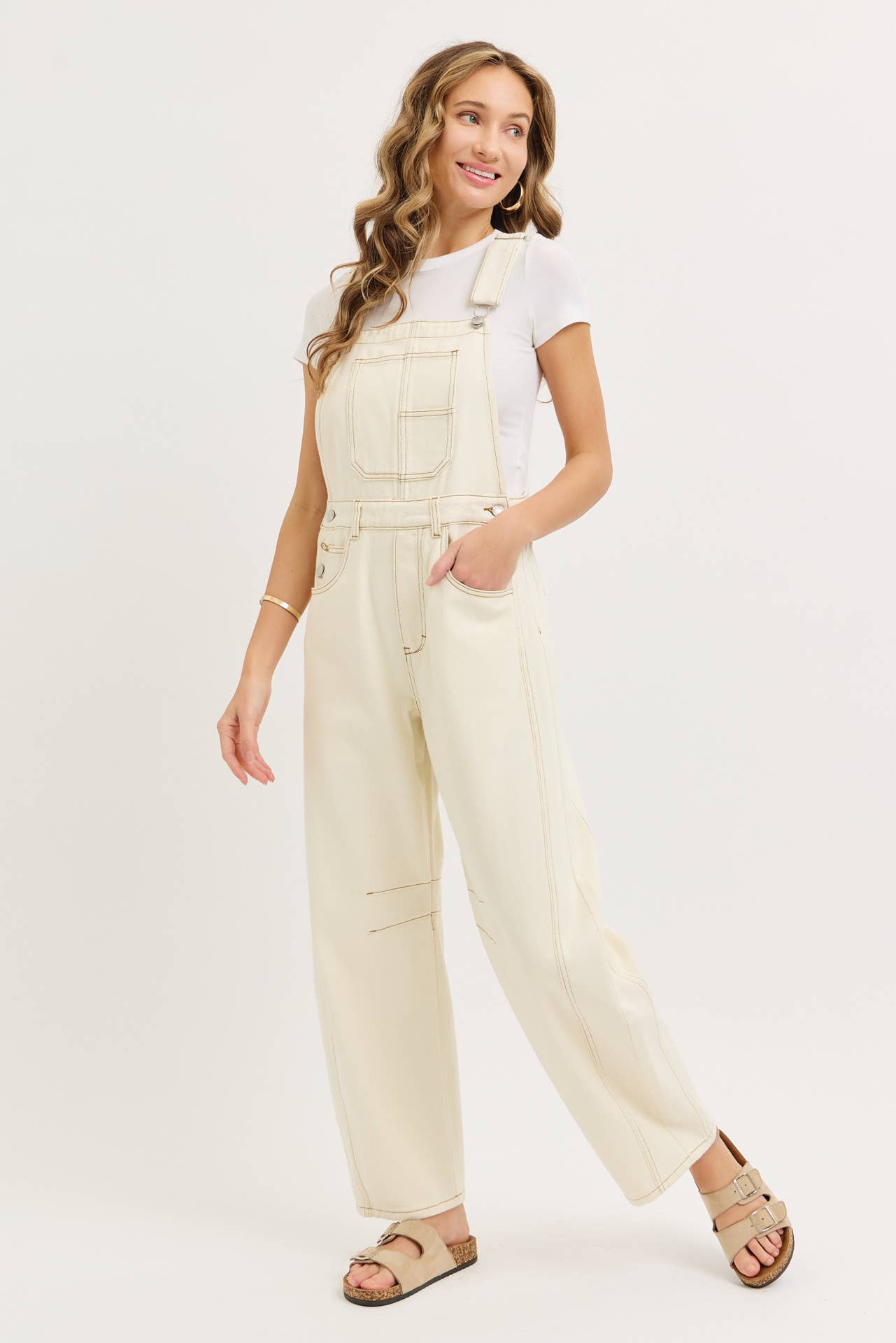 Aiden Barrel Leg Denim Jumpsuit in Milk