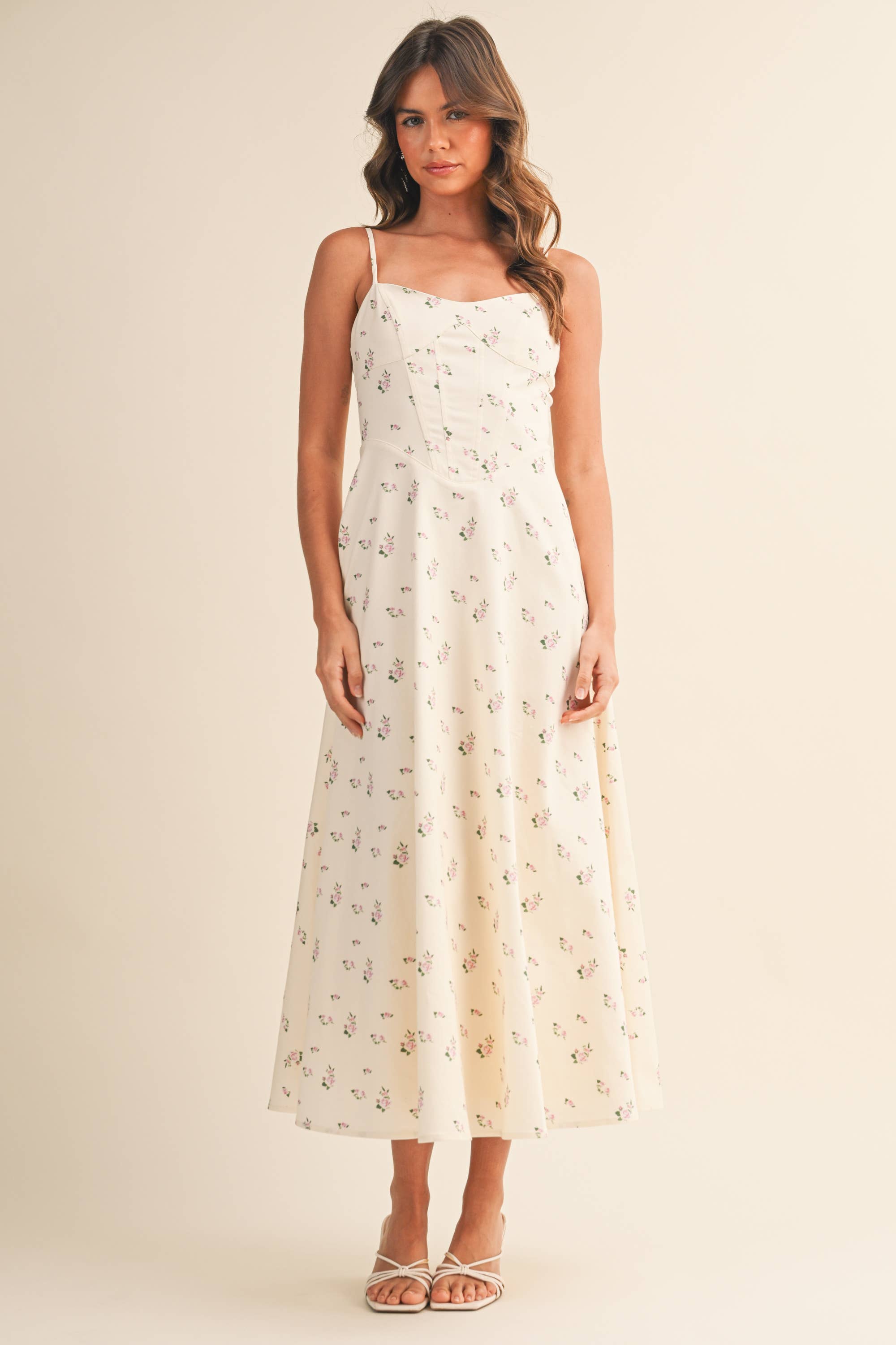 Vivienne Floral Panel Midi Dress in Cream