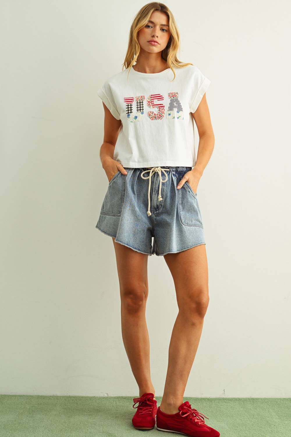 USA Floral Patchwork Tee in White