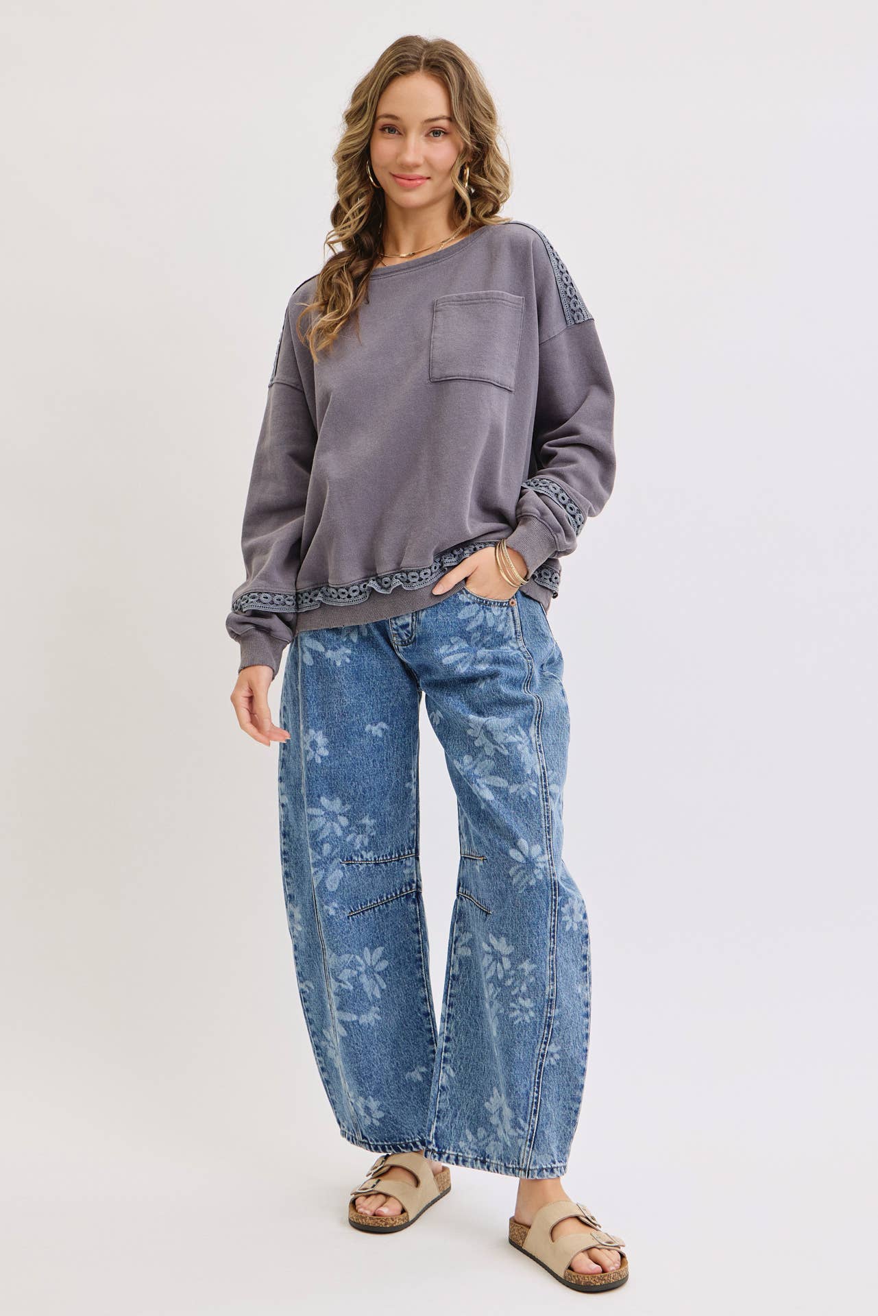 Calla Floral Print Barrel Jeans