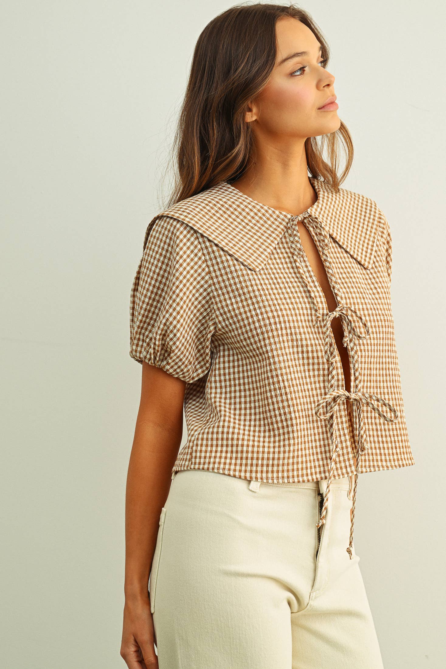 Darcy Gingham Tie-Front Top in Mocha
