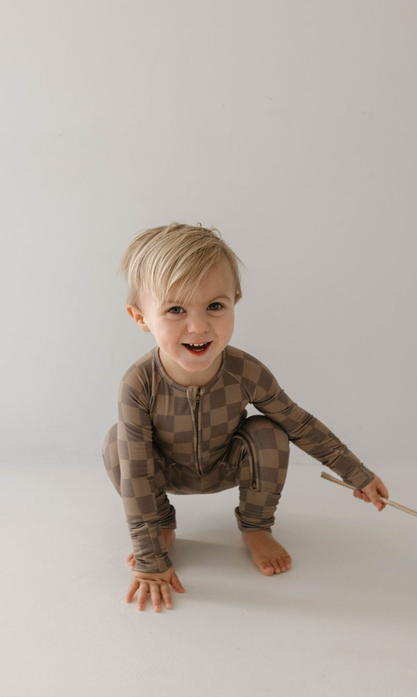 Brown Checkerboard Zip Pajamas