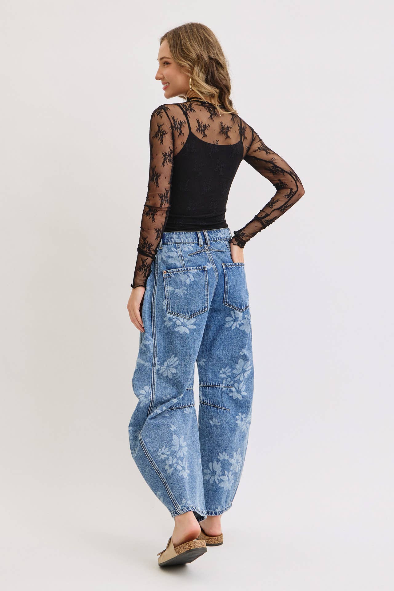 Calla Floral Print Barrel Jeans