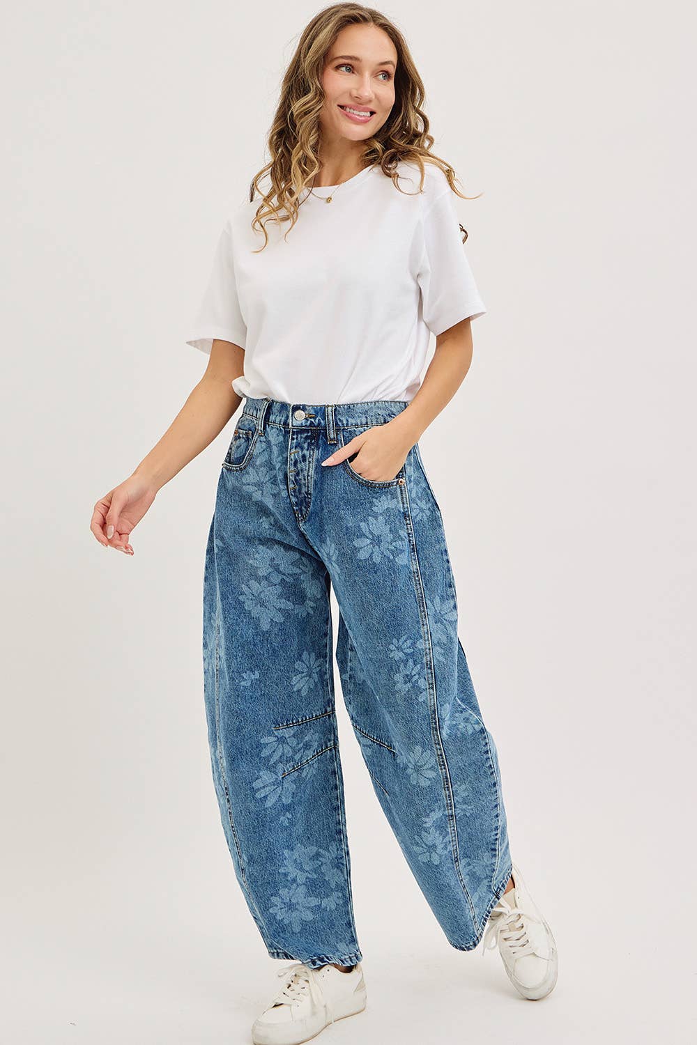 Calla Floral Print Barrel Jeans