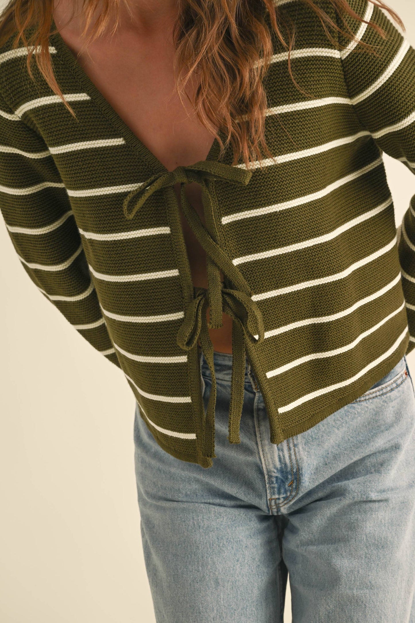 Lilah Olive Striped Tie Front Cardigan