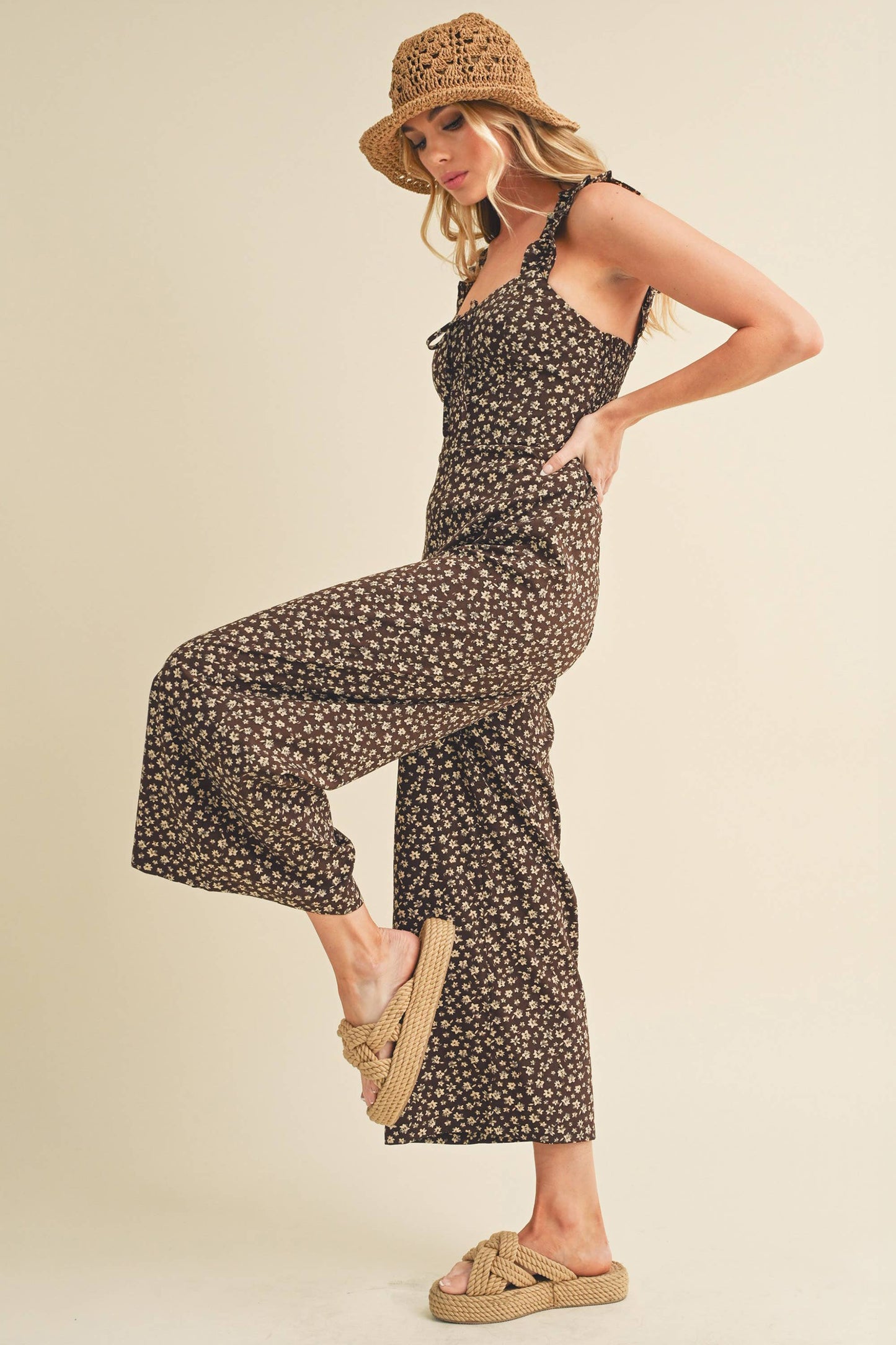 Brandi Chocolate Brown Floral Jumpsuit