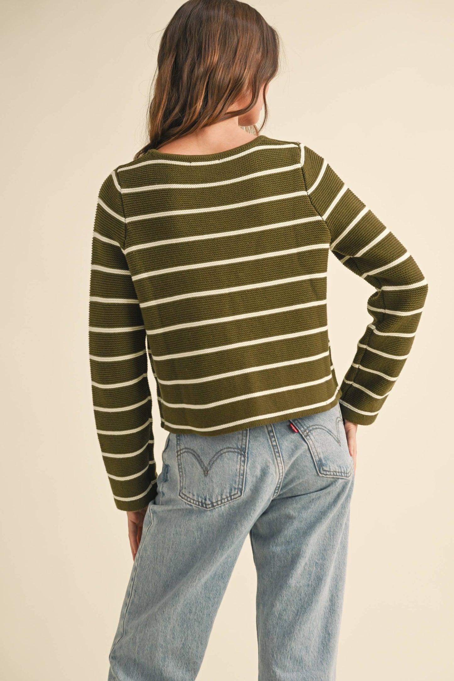 Lilah Olive Striped Tie Front Cardigan