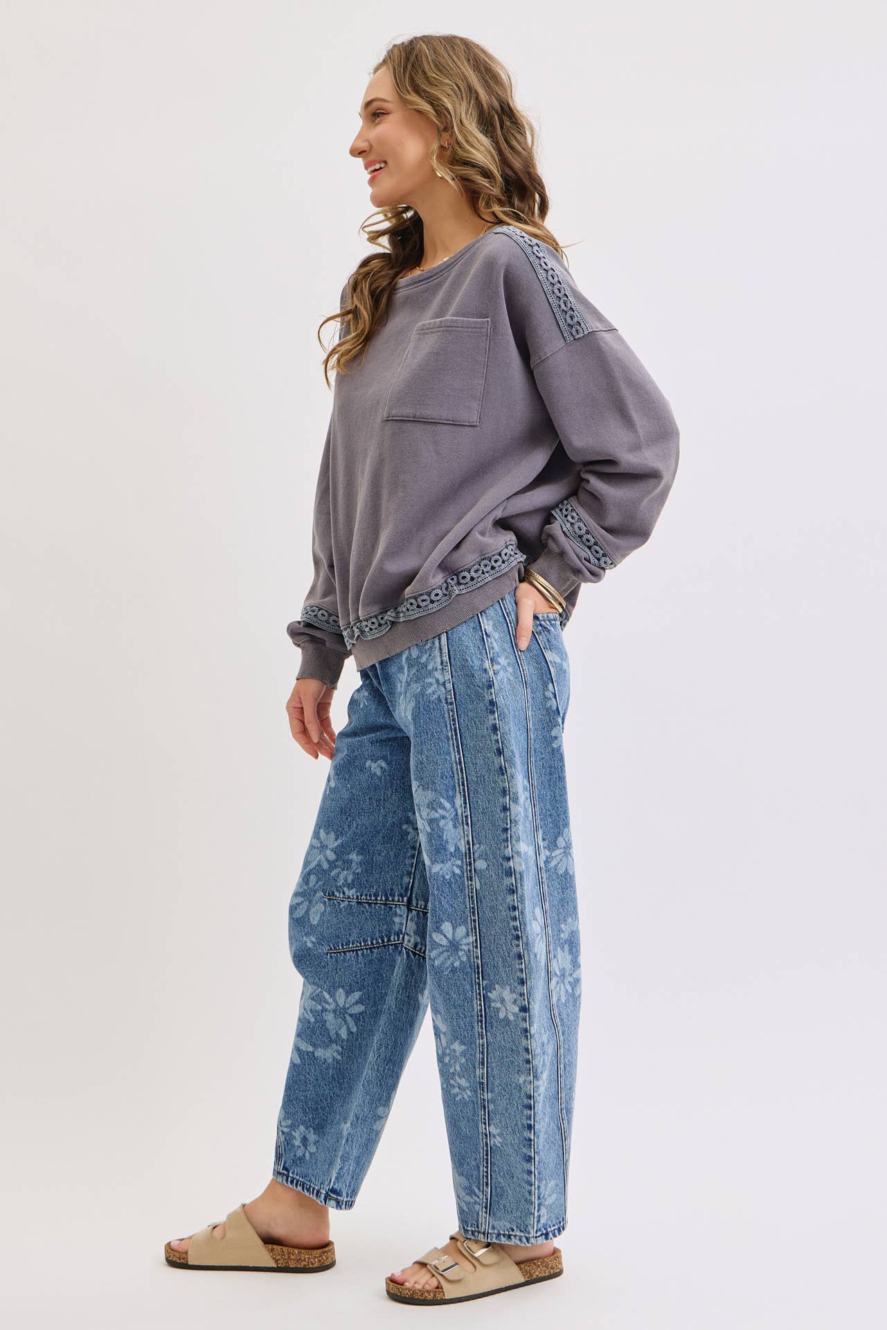 Calla Floral Print Barrel Jeans