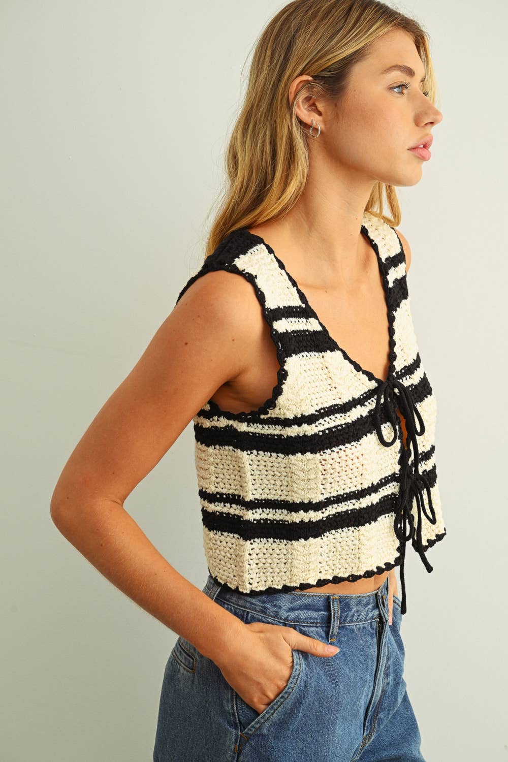 Hazel Crochet Tie-Front Top in Beige & Black