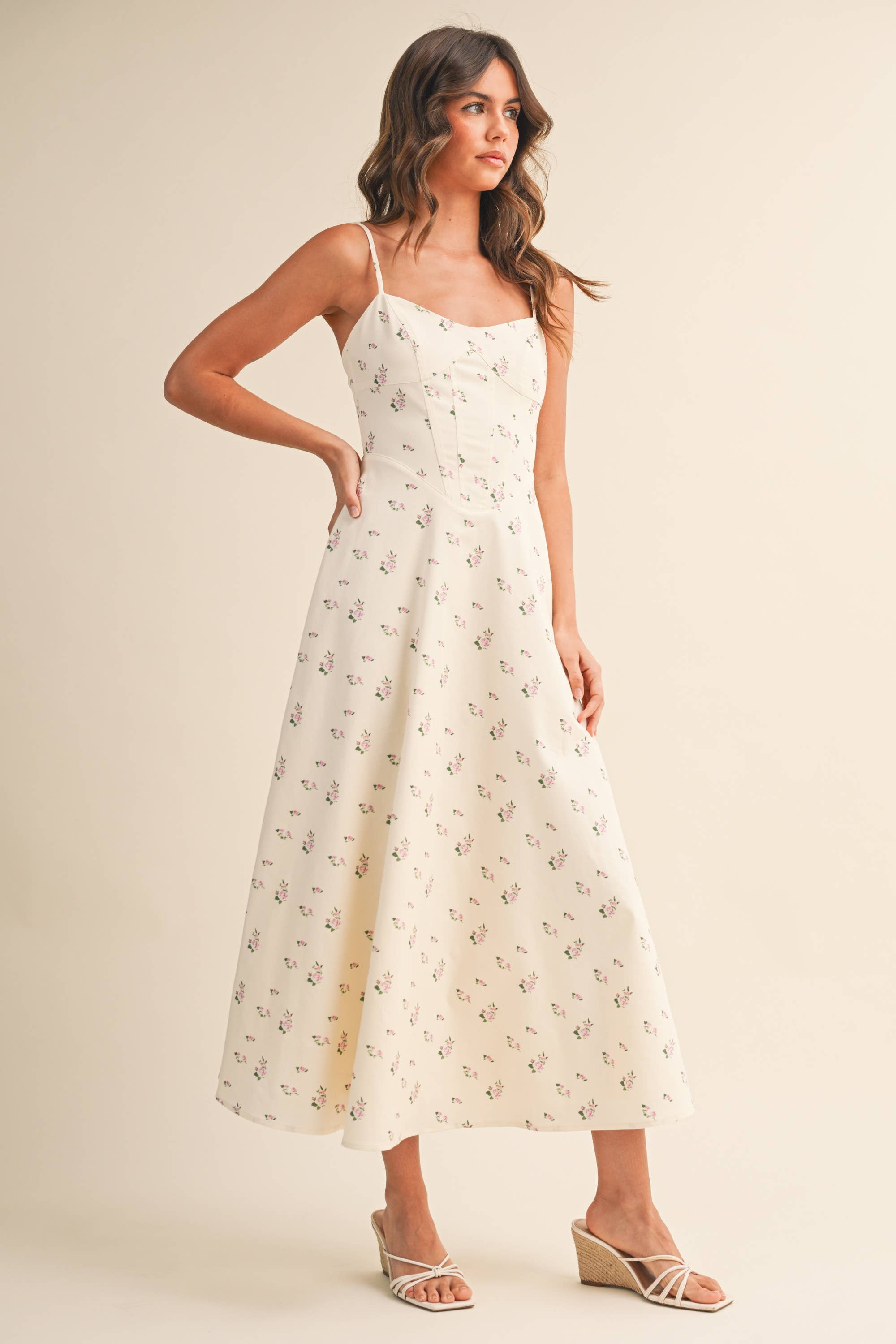 Vivienne Floral Panel Midi Dress in Cream