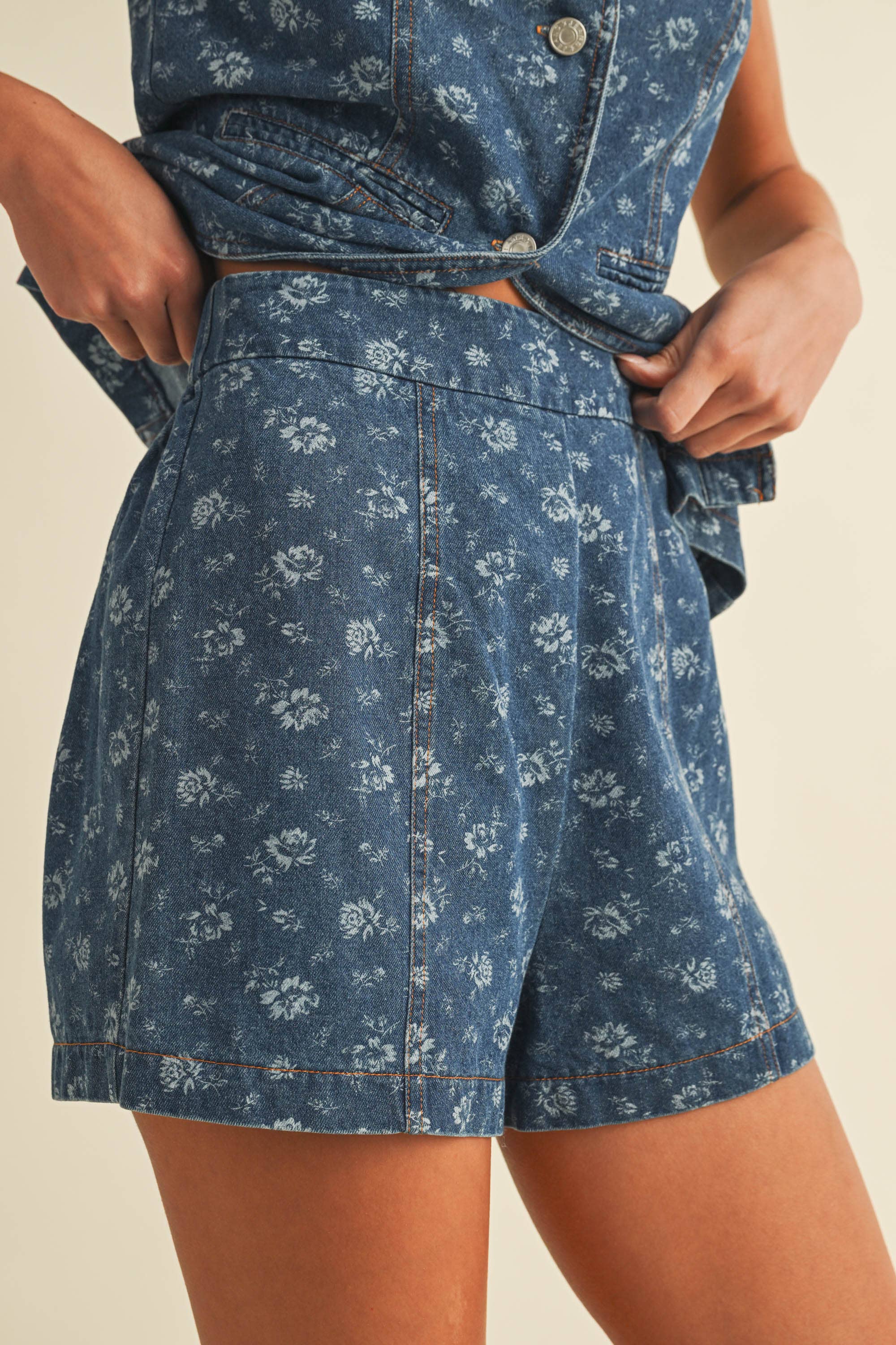 Bryce Floral Print Denim Shorts Set