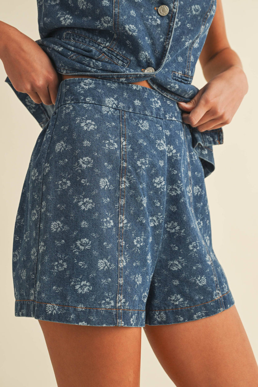 Bryce Floral Print Denim Shorts Set