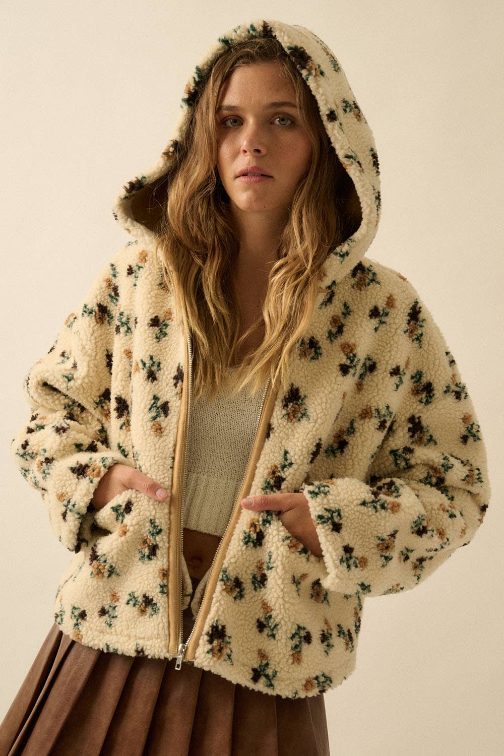 Floral Sherpa Fleece Hooded Jacket