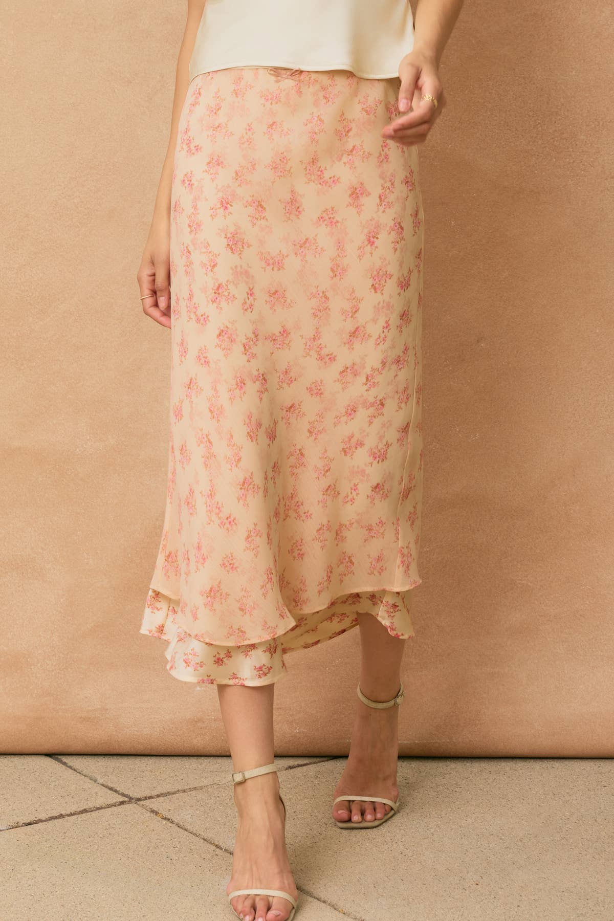 Rosewater Reverie Layered Print Midi Skirt