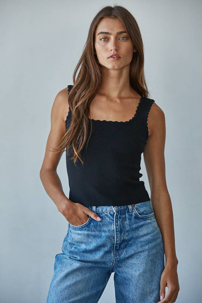 Hayes Knit Scalloped Trim Top in Black