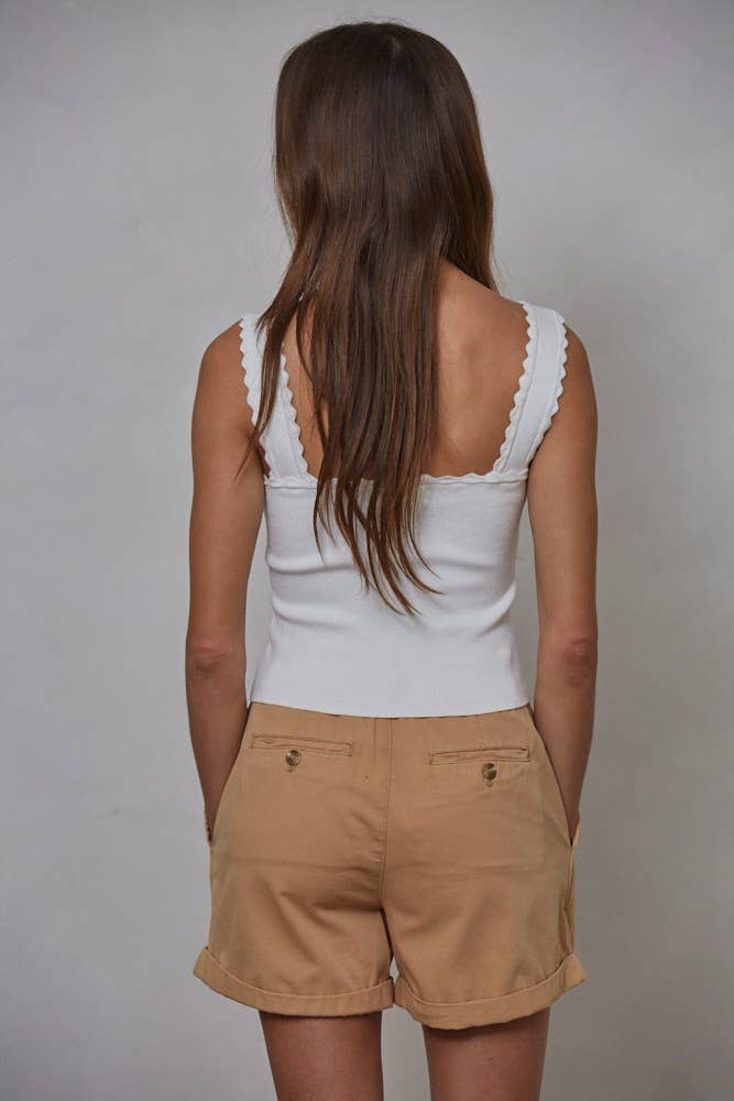 Hayes Knit Scalloped Trim Top in White