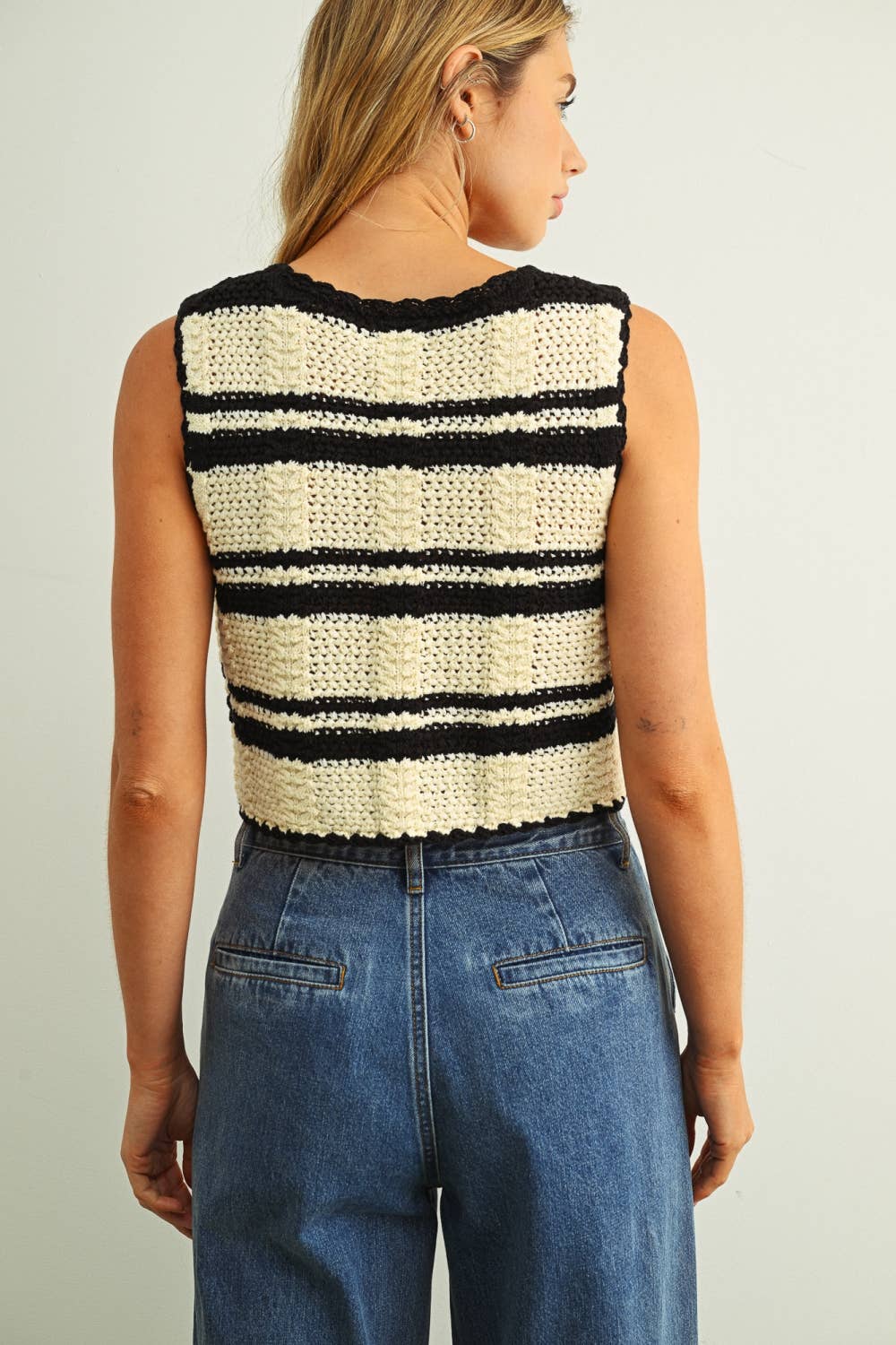 Hazel Crochet Tie-Front Top in Beige & Black